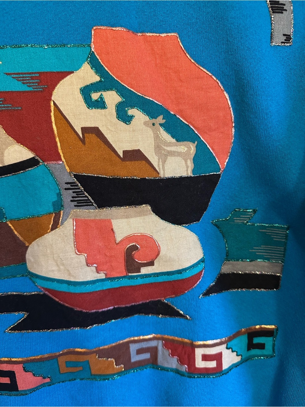 VTG Women’s Teal Fruit Of The Loom Crewneck Sweatshirt M Southwestern Pottery - Picture 3 of 6